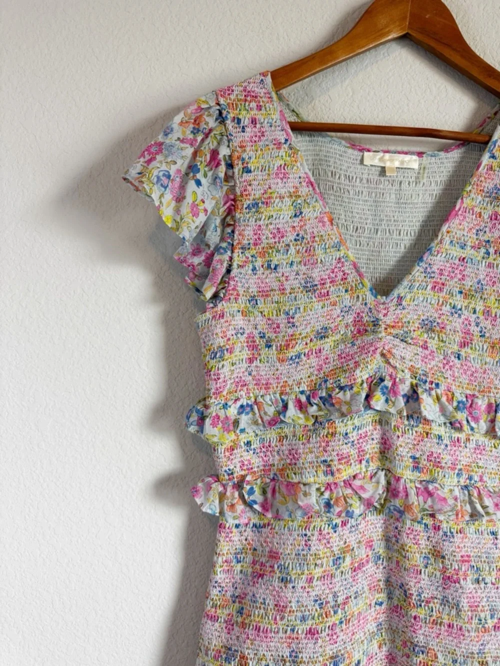 LoveShackFancy Sonora Floral Smocked Ruffle Mini Dress in Coral Reef Waves Sz L - Picture 2 of 11